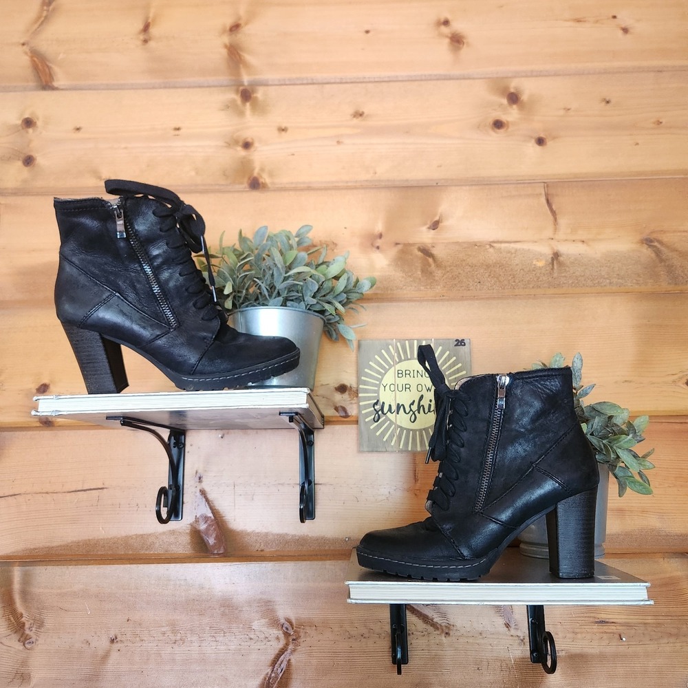 BIALA Kieran Black Leather Chunky Ankle Block Heel Booties Boot Lug Moto Sz 37 M